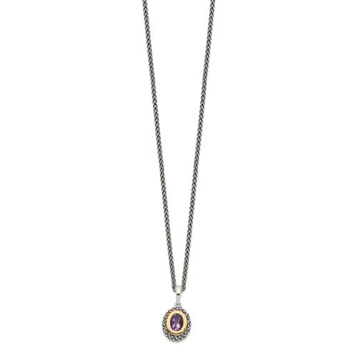 Sterling Silver with 14K Accent Antiqued Oval Amethyst Necklace
