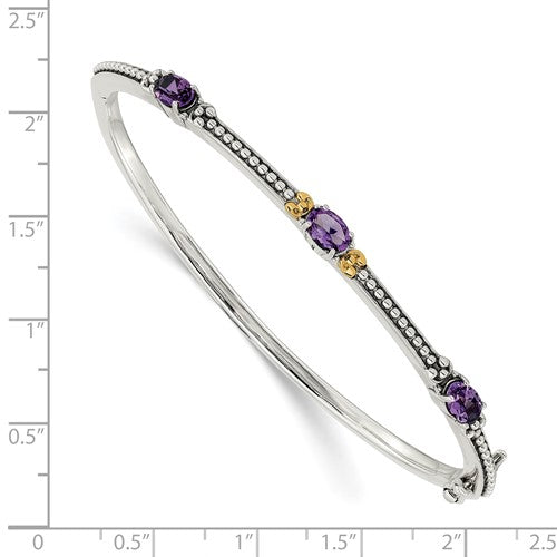 Sterling Silver with 14K Accent Antiqued Oval Amethyst Hinged Bangle