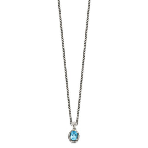 Sterling Silver with 14K Accent Antiqued Oval Swiss Blue Topaz Necklace