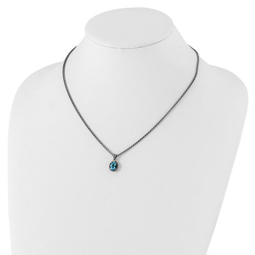 Sterling Silver with 14K Accent Antiqued Oval Swiss Blue Topaz Necklace