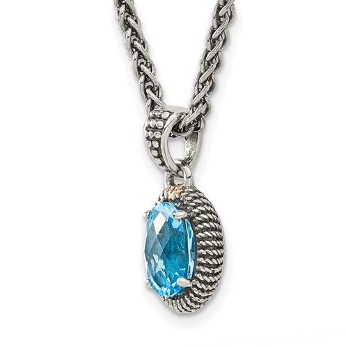 Sterling Silver with 14K Accent Antiqued Oval Swiss Blue Topaz Necklace