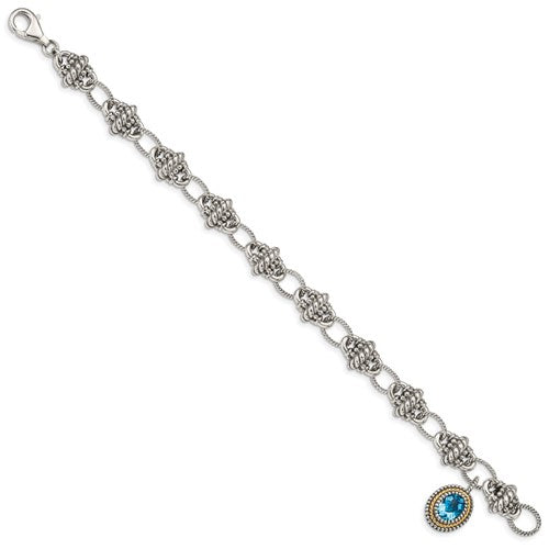 Sterling Silver with 14K Accent 7.5 Inch Antiqued Oval Swiss Blue Topaz Bracelet