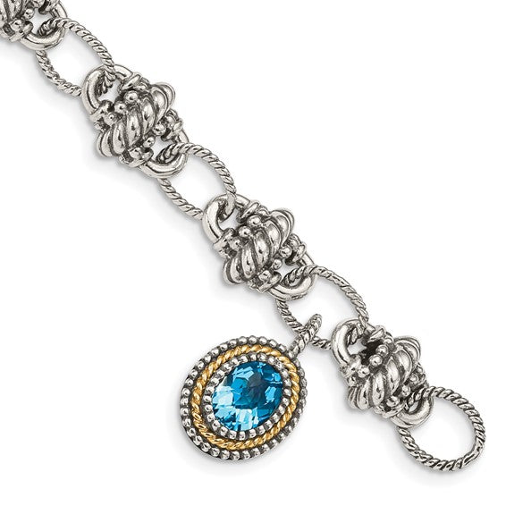 Sterling Silver with 14K Accent 7.5 Inch Antiqued Oval Swiss Blue Topaz Bracelet
