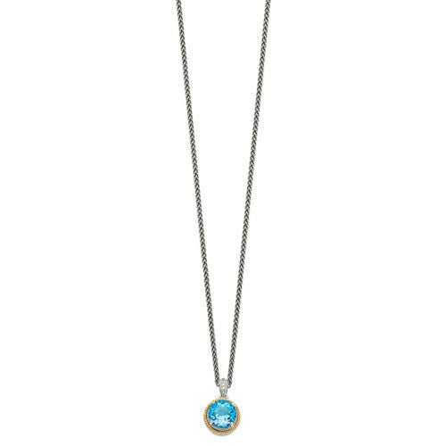 Sterling Silver with 14K Accent Antiqued Swiss Blue Topaz & Diamond Necklace
