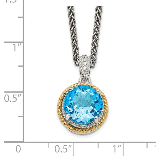 Sterling Silver with 14K Accent Antiqued Swiss Blue Topaz & Diamond Necklace