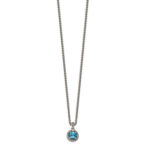 Sterling Silver with 14K Accent Antiqued Round Blue Topaz Necklace