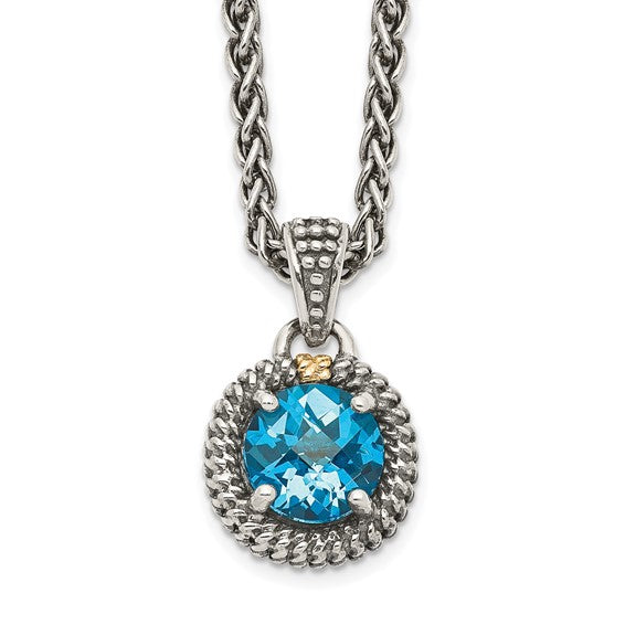 Sterling Silver with 14K Accent Antiqued Round Blue Topaz Necklace