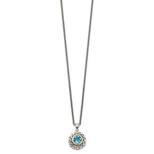 Sterling Silver with 14K Accent Antiqued Round Swiss Blue Topaz Necklace