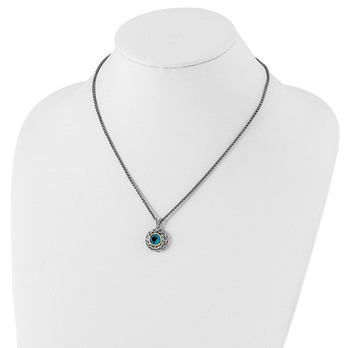 Sterling Silver with 14K Accent Antiqued Round Swiss Blue Topaz Necklace