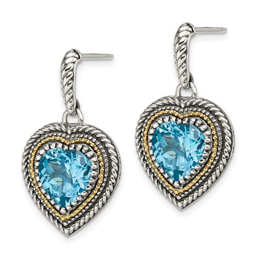 Sterling Silver with 14K Accent Antiqued Heart Swiss Blue Topaz Dangle Earrings