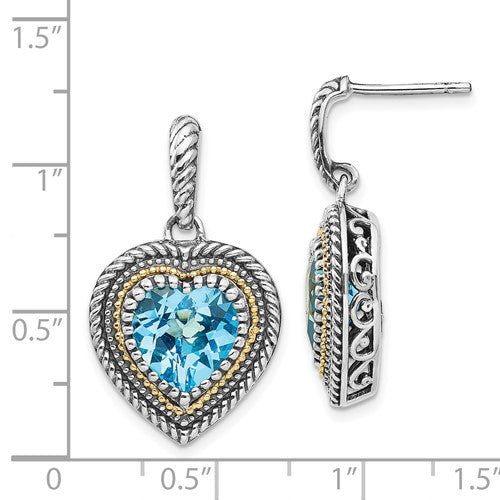 Sterling Silver with 14K Accent Antiqued Heart Swiss Blue Topaz Dangle Earrings