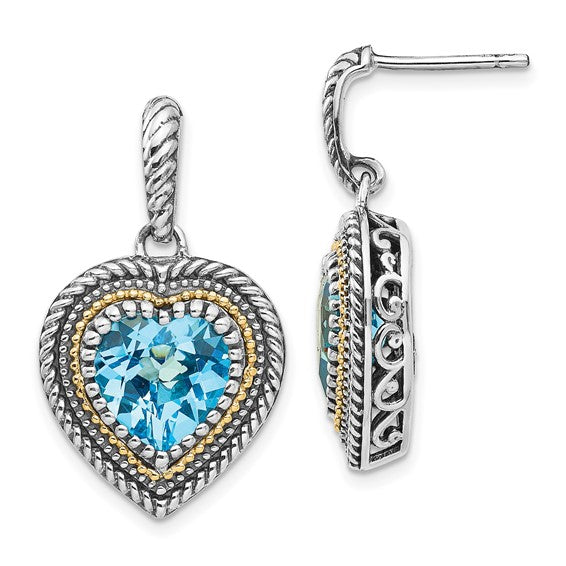 Sterling Silver with 14K Accent Antiqued Heart Swiss Blue Topaz Dangle Earrings