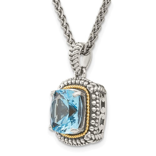 Sterling Silver with 14K Accent Antiqued Cushion Checkerboard Swiss Blue Topaz Necklace