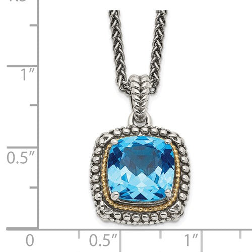 Sterling Silver with 14K Accent Antiqued Cushion Checkerboard Swiss Blue Topaz Necklace