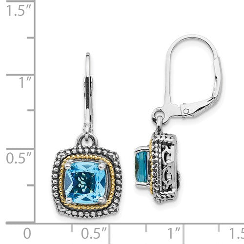 Sterling Silver with 14K Accent Antiqued Cushion Blue Topaz Dangle Earrings