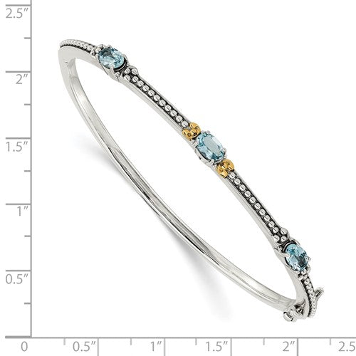 Sterling Silver with 14K Accent Antiqued Oval Sky Blue Hinged Bangle