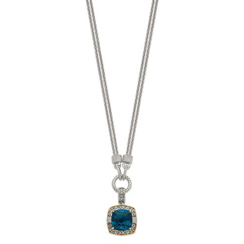 Sterling Silver with 14K Accent Antiqued Cushion London Blue Topaz & Diamond Necklace