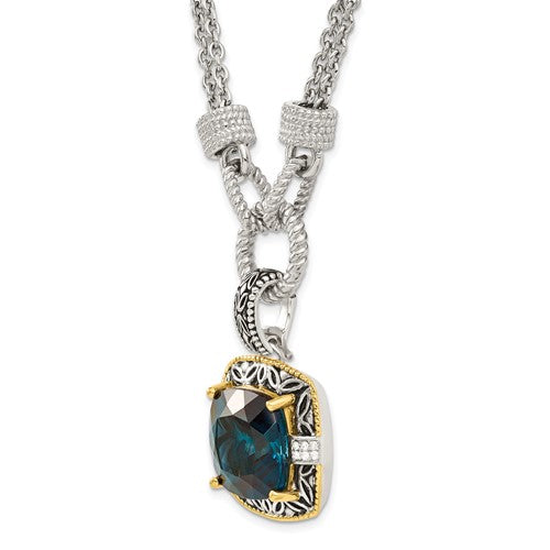 Sterling Silver with 14K Accent Antiqued Cushion London Blue Topaz & Diamond Necklace