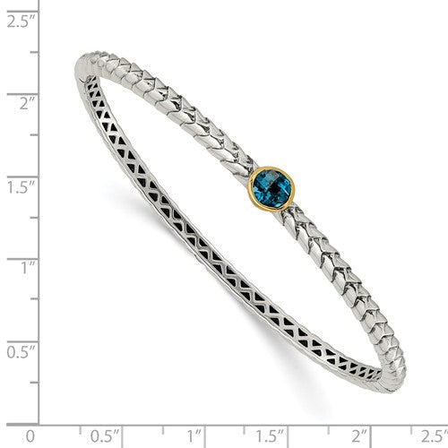 Sterling Silver with 14K Accent Antiqued Round London Blue Topaz Hinged Bangle
