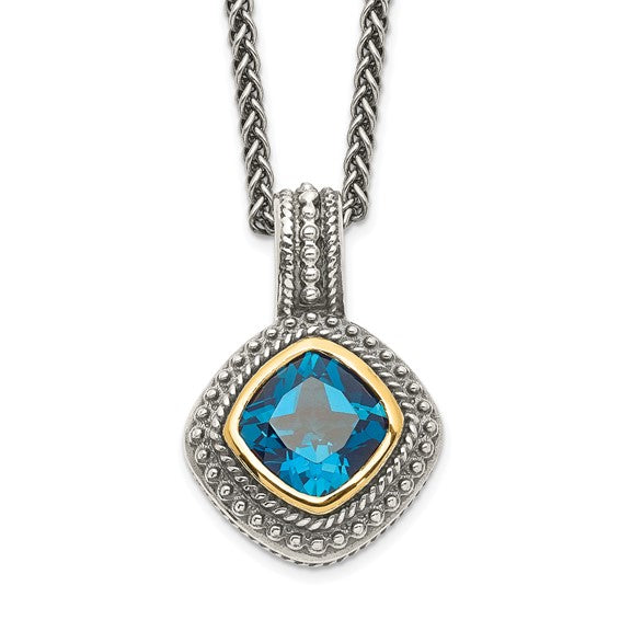 Sterling Silver with 14K Accent Antiqued Cushion London Blue Topaz Necklace