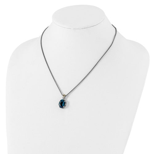 Sterling Silver with 14K Accent Antiqued Oval London Blue Topaz Necklace