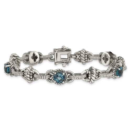 Sterling Silver with 14K Accent 7.75 Inch Antiqued Round London Blue Topaz Bracelet