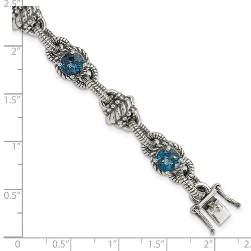 Sterling Silver with 14K Accent 7.75 Inch Antiqued Round London Blue Topaz Bracelet