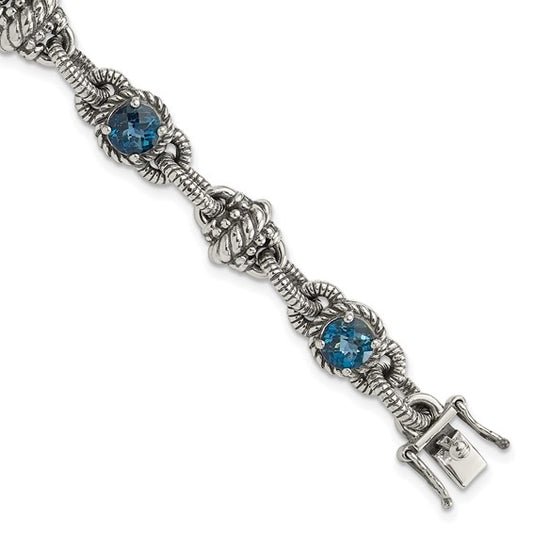 Sterling Silver with 14K Accent 7.75 Inch Antiqued Round London Blue Topaz Bracelet