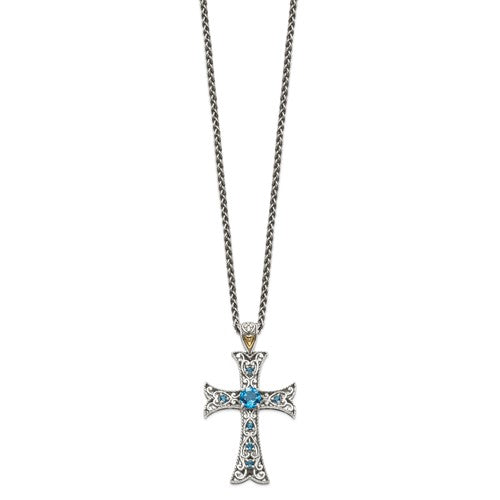 Sterling Silver with 14K Accent Antiqued Round London Blue Topaz Cross Necklace
