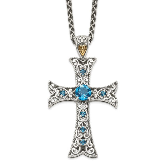 Sterling Silver with 14K Accent Antiqued Round London Blue Topaz Cross Necklace