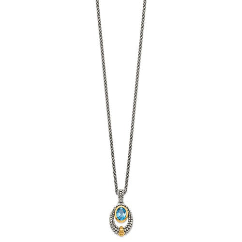 Sterling Silver with 14K Accent  Antiqued Oval Bezel London Blue Topaz Necklace