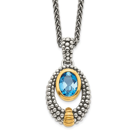 Sterling Silver with 14K Accent  Antiqued Oval Bezel London Blue Topaz Necklace