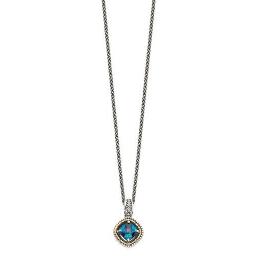 Sterling Silver with 14K Accent Antiqued Cushion London Blue Topaz Necklace