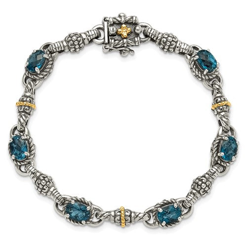 Sterling Silver with 14K Accent 7.25 Inch Antiqued Oval London Blue Topaz Bracelet