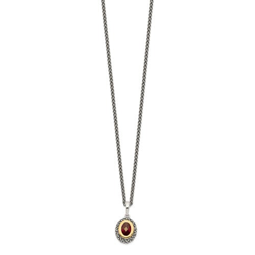 Sterling Silver with 14K Accent Antiqued Bezel Oval Garnet Necklace