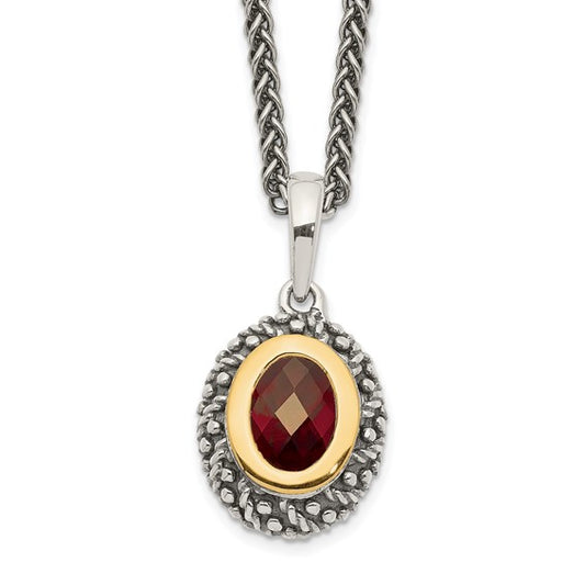 Sterling Silver with 14K Accent Antiqued Bezel Oval Garnet Necklace