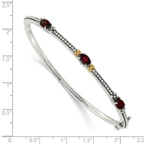 Sterling Silver with 14K Accent Antiqued Oval Garnet Hinged Bangle