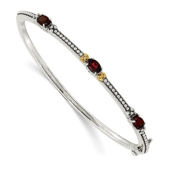 Sterling Silver with 14K Accent Antiqued Oval Garnet Hinged Bangle