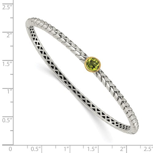 Sterling Silver with 14K Accent Antiqued Round Peridot Hinged Bangle