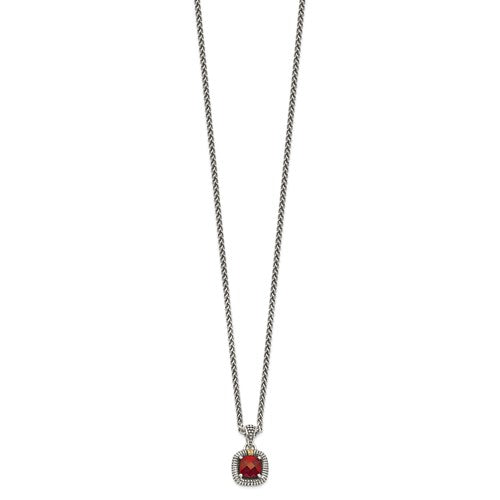 Sterling Silver with 14K Accent 18 Inch Antiqued Checkerboard Garnet Necklace