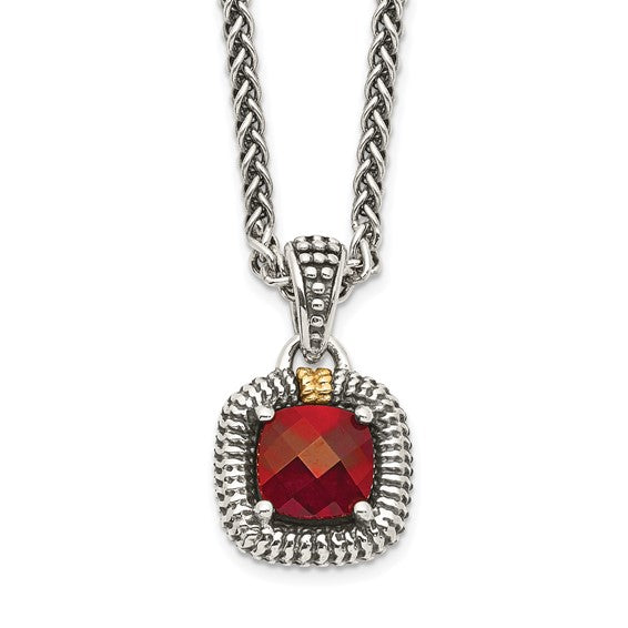 Sterling Silver with 14K Accent 18 Inch Antiqued Checkerboard Garnet Necklace