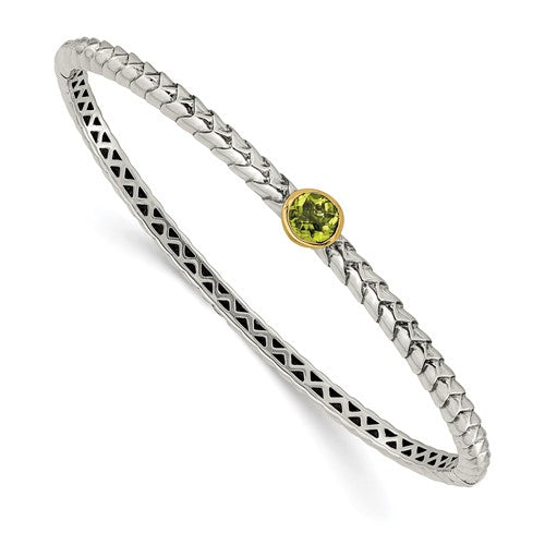 Sterling Silver with 14K Accent Antiqued Round Peridot Hinged Bangle
