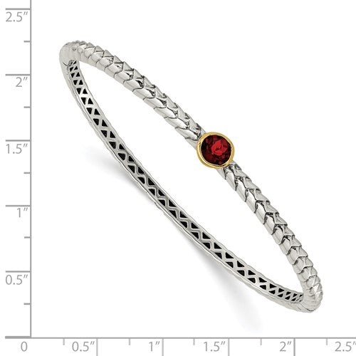 Sterling Silver with 14K Accent Antiqued Round Garnet Hinged Bangle