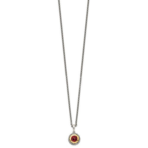 Sterling Silver with 14K Accent Antiqued Bezel Round Garnet Necklace