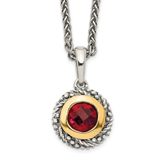 Sterling Silver with 14K Accent Antiqued Bezel Round Garnet Necklace