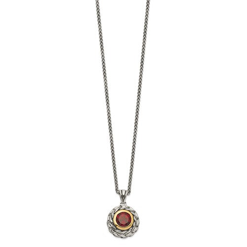 Sterling Silver with 14K Accent Antiqued Bezel Round Garnet Necklace