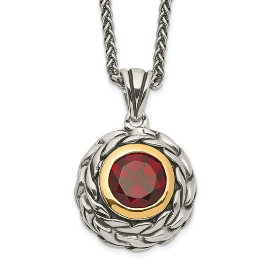 Sterling Silver with 14K Accent Antiqued Bezel Round Garnet Necklace