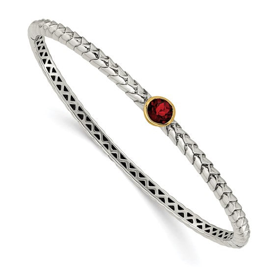 Sterling Silver with 14K Accent Antiqued Round Garnet Hinged Bangle