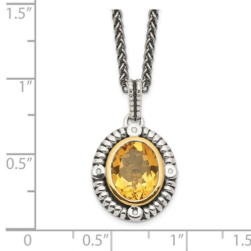 Sterling Silver with 14K Accent Antiqued Oval Citrine & Diamond Necklace