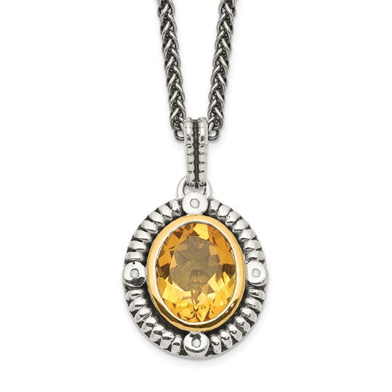 Sterling Silver with 14K Accent Antiqued Oval Citrine & Diamond Necklace